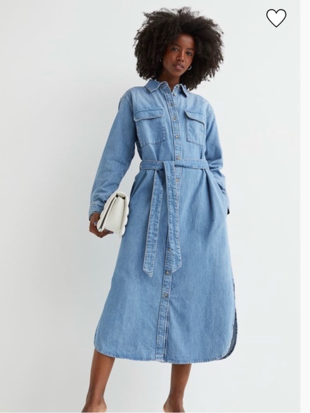 Washed Light Blue Denim Shirt Midi Dress with Tie Belt